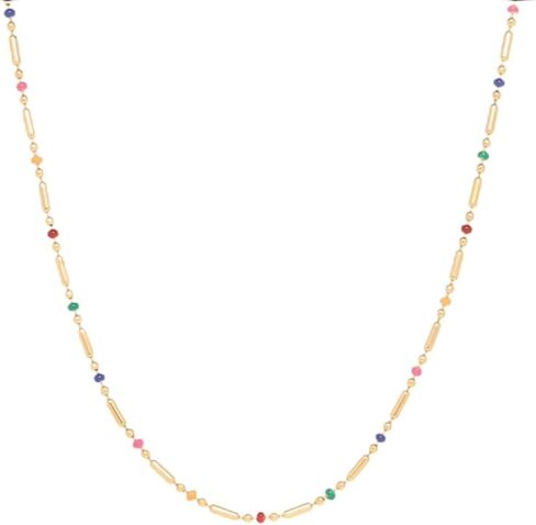 18K Delicate Yellow Gold Plated Chain Necklace with Colorful Enamel Beads, 18K Gold Plated over Stainless Steel Dainty Bar Link Design, Fashion Jewelry for Women, Tarnish Resistant, 16.5-Inch Length with a 2-Inch Extension in Saudi Arabia