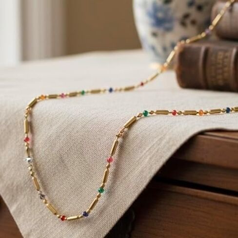 18K Delicate Yellow Gold Plated Chain Necklace with Colorful Enamel Beads, 18K Gold Plated over Stainless Steel Dainty Bar Link Design, Fashion Jewelry for Women, Tarnish Resistant, 16.5-Inch Length with a 2-Inch Extension in Saudi Arabia