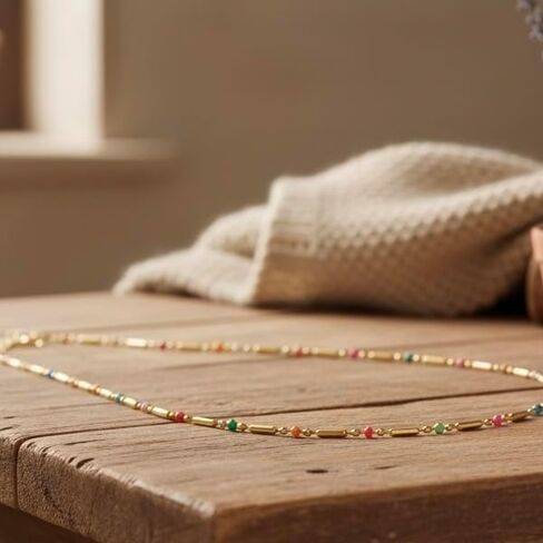 18K Delicate Yellow Gold Plated Chain Necklace with Colorful Enamel Beads, 18K Gold Plated over Stainless Steel Dainty Bar Link Design, Fashion Jewelry for Women, Tarnish Resistant, 16.5-Inch Length with a 2-Inch Extension in Saudi Arabia