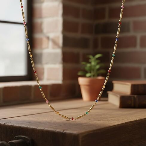 18K Delicate Yellow Gold Plated Chain Necklace with Colorful Enamel Beads, 18K Gold Plated over Stainless Steel Dainty Bar Link Design, Fashion Jewelry for Women, Tarnish Resistant, 16.5-Inch Length with a 2-Inch Extension in Saudi Arabia
