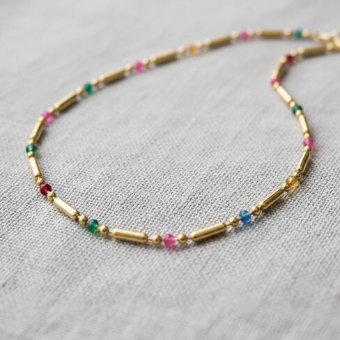 18K Delicate Yellow Gold Plated Chain Necklace with Colorful Enamel Beads, 18K Gold Plated over Stainless Steel Dainty Bar Link Design, Fashion Jewelry for Women, Tarnish Resistant, 16.5-Inch Length with a 2-Inch Extension in Saudi Arabia