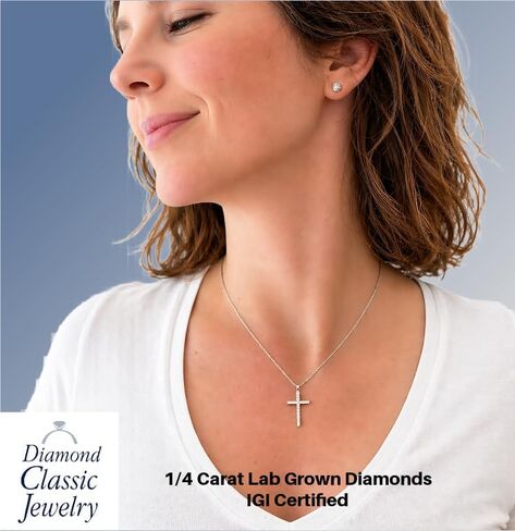 قلادة IGI Certified Lab Grown Diamond Cross 1/4 CTTW (وضوح VS2-SI1، لون F-G) من الفضة الاسترليني أو الذهب الأصفر المطلي بالفضة - سلسلة 18 بوصة in Kuwait