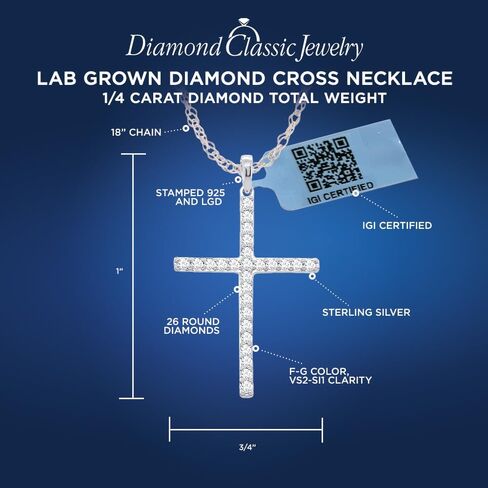 قلادة IGI Certified Lab Grown Diamond Cross 1/4 CTTW (وضوح VS2-SI1، لون F-G) من الفضة الاسترليني أو الذهب الأصفر المطلي بالفضة - سلسلة 18 بوصة in Kuwait