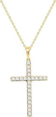 قلادة IGI Certified Lab Grown Diamond Cross 1/4 CTTW (وضوح VS2-SI1، لون F-G) من الفضة الاسترليني أو الذهب الأصفر المطلي بالفضة - سلسلة 18 بوصة in Kuwait