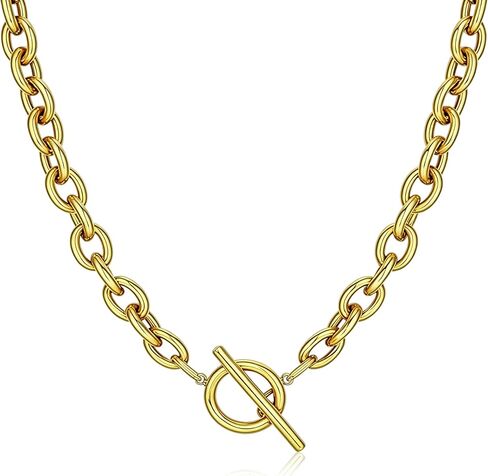 14K Gold Plated Chunky Necklace For Women,Elegant Gold Chain Link Toggle Clasp Necklace, Classic Fashion Statement Jewelry in Saudi Arabia