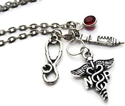 Nurse Practitioner Necklace, Personalized Birthstone Jewelry, NP Caduceus Necklace, Handmade in Saudi Arabia