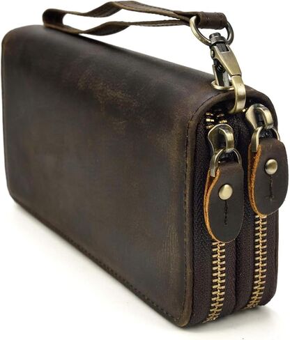 Premium Genuine Leather Bifold Clutch Wallet for Men Double Zip Spacious Design Holds Cash Cards Phone Work or Trip (Crazy Horse Leather Light Brown) in Saudi Arabia