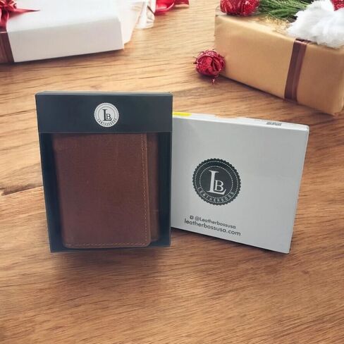 محفظة جلدية RFID كلاسيكية من Leatherboss للرجال - رفيعة ثنائية الطي مع حامل بطاقة الائتمان (بني) ثلاثي الطي مع غطاء in Kuwait