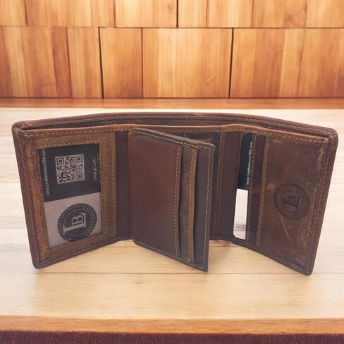محفظة جلدية RFID كلاسيكية من Leatherboss للرجال - رفيعة ثنائية الطي مع حامل بطاقة الائتمان (بني) ثلاثي الطي مع غطاء in Kuwait