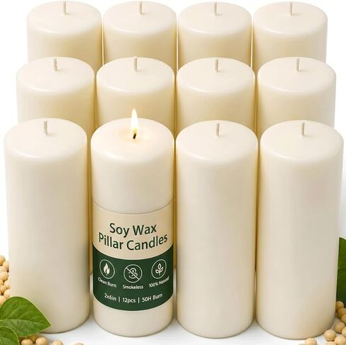 Soy Wax Pillar Candle Set, 18 Unscented White Pillars (2x3, 2x6, 2x8 in) & 12 Tea Lights, Long-Lasting, Smokeless & Dripless Natural Soy Candles for Wedding Centerpieces, Party, Home Decor & Emergency in Saudi Arabia