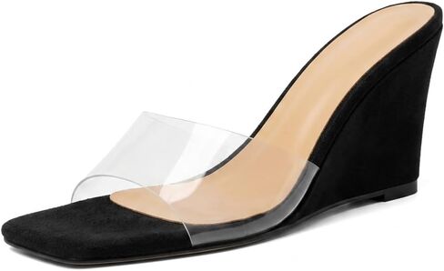 SAMMITOP Womens Clear Heels Sandals Square Open Toe Wedge Heel Sandals Slip On Heeled Mules Summer Dress Slipper Shoes 3.5 Inch in Kuwait