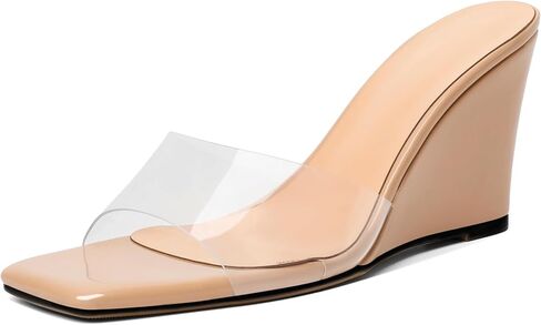 SAMMITOP Womens Clear Heels Sandals Square Open Toe Wedge Heel Sandals Slip On Heeled Mules Summer Dress Slipper Shoes 3.5 Inch in Kuwait