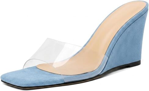 SAMMITOP Womens Clear Heels Sandals Square Open Toe Wedge Heel Sandals Slip On Heeled Mules Summer Dress Slipper Shoes 3.5 Inch in Kuwait