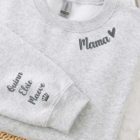 Custom Mama Embroidered Sweatshirt with Kids Names on Sleeve – Gift for Mom on Mothers Day, Birthday, Christmas in Saudi Arabia