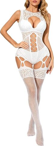 Women's Fishnet Bodystocking Sleeveless Criss Cross Mesh Lingerie High-Leg Clubwear & Boudoir Party Outfit in Saudi Arabia