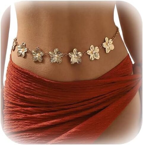 Metal Adjustable Waist Chain Belt for Women Sexy Pearl Flowers Waist Belt Simple Gold Floral Link Belly Waist Body Chain Jewelry in Saudi Arabia