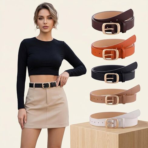 5 Pack Women Leather Belts for Jeans & Dresses, Ladies Waist Belt Set with Alloy Buckle (5 Colors, Fits Waist 27-36 Inches/69-91 cm) in Kuwait