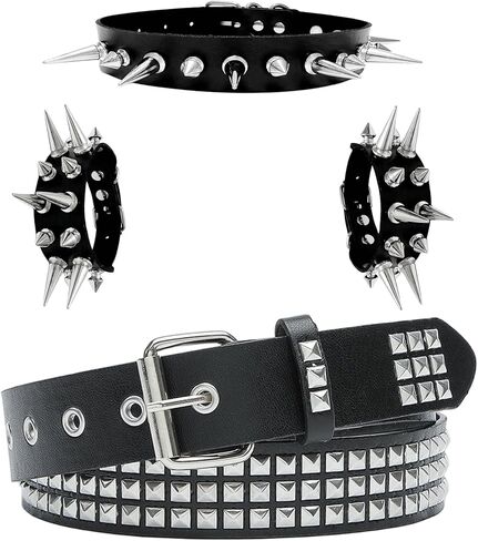 YMO Black Studded Belt, Spiked Choker and Spiked Bracelets Emo Belt Goth Punk Rock Rivet Cuff Studded Bracelet Punk Accessories for Women Men in Saudi Arabia