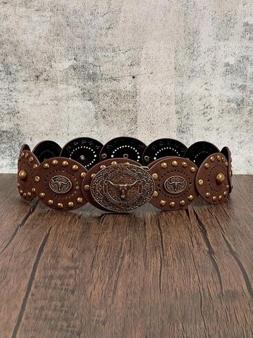 Women's Boho Disc Belt Western Cowboy Concho Chunky Leather Belt For Dresses Jeans Pants in Saudi Arabia