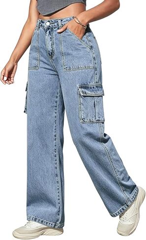 Womens Plus Size Cargo Jeans Women Stretch Straight Leg Jean High Waist Wide Leg Baggy Boyfriend Jeans in Saudi Arabia