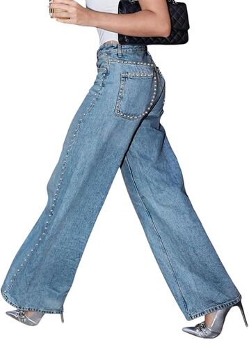 Women's Studded Jeans-Straight Leg Rhinestone High Waisted Pearl Boyfriend Denim Baggy Trousers Street Style in Saudi Arabia