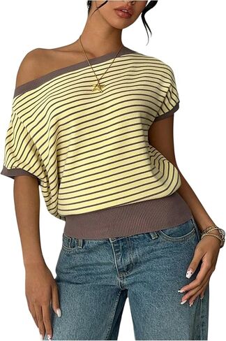 SOLY HUX Women's Striped Off The Shoulder T Shirt Short Sleeve Knit Tee Summer Going Out Tops in Saudi Arabia
