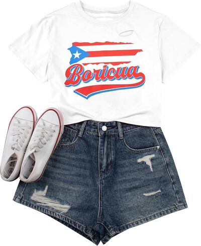 بورتوريكو قميص المرأة بوريكوا بورتوريكو تي شيرت العلم الجرافيك الطفل تيز قصيرة الأكمام المحاصيل القمم in Kuwait