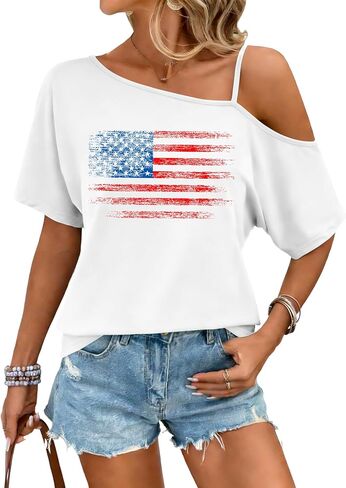 PECHAR 4th of July Shirts Women USA Patriotic Off Shoulder T Shirt American Flag Spaghetti Strap Tees Loose Fit Tops in Kuwait
