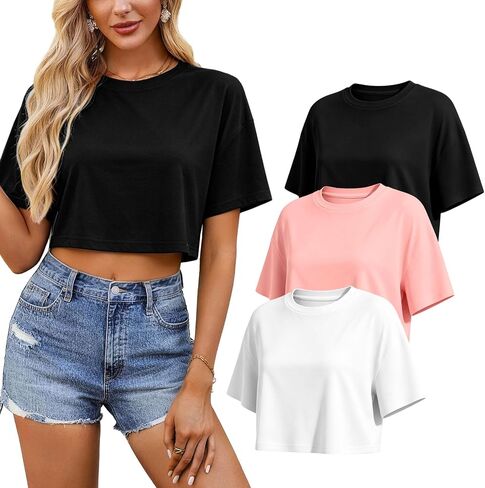 Multi-Pack Women's Relaxed Fit Short Sleeve T-Shirts, Basic Tees Crew Neck Tops in Saudi Arabia
