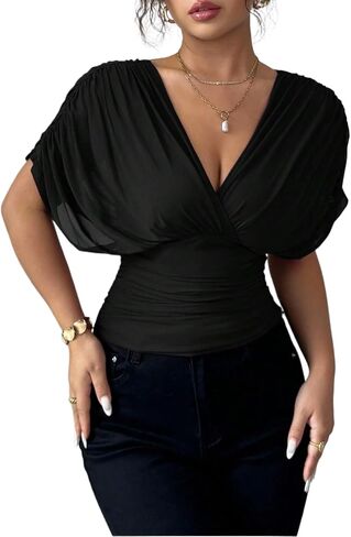Women's Sexy Mesh Sheer Tops Ruched Short Sleeve V Neck Tie Back Cinched Waist Casual Going Out Party Club T Shirt in Saudi Arabia