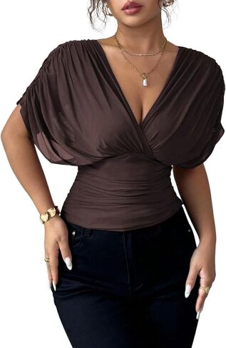 Women's Sexy Mesh Sheer Tops Ruched Short Sleeve V Neck Tie Back Cinched Waist Casual Going Out Party Club T Shirt in Saudi Arabia