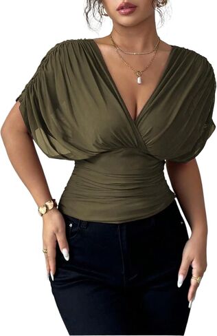 Women's Sexy Mesh Sheer Tops Ruched Short Sleeve V Neck Tie Back Cinched Waist Casual Going Out Party Club T Shirt in Saudi Arabia