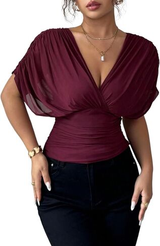 Women's Sexy Mesh Sheer Tops Ruched Short Sleeve V Neck Tie Back Cinched Waist Casual Going Out Party Club T Shirt in Saudi Arabia