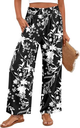 Anydeer Women Pants Loose Wide Leg Trousers Straight Casual Dressy Cropped Palazzo Ruffle High Waist Slacks with Pockets in Kuwait