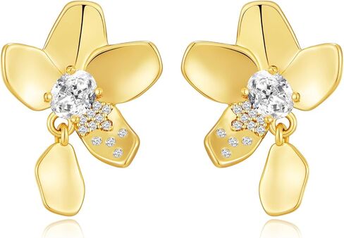 14K Gold Filled Silver Stud Plumeria Flower Earrings for Women, Hawaiian Jewelry Cubic Zirconia Stud Earrings, Hypoallergenic Gold Flower Earrings for Wedding, Vacation, Graduation Gift in Saudi Arabia