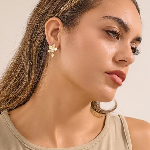 14K Gold Filled Silver Stud Plumeria Flower Earrings for Women, Hawaiian Jewelry Cubic Zirconia Stud Earrings, Hypoallergenic Gold Flower Earrings for Wedding, Vacation, Graduation Gift in Saudi Arabia