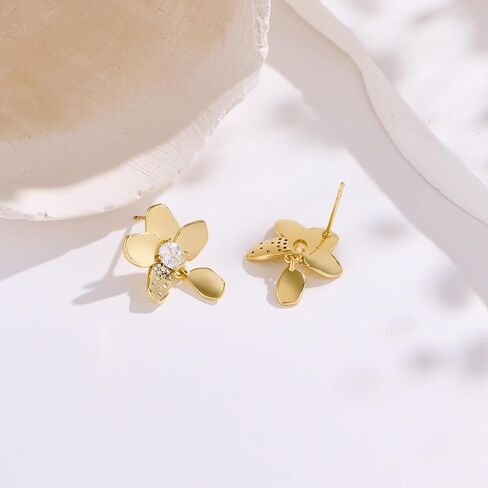 14K Gold Filled Silver Stud Plumeria Flower Earrings for Women, Hawaiian Jewelry Cubic Zirconia Stud Earrings, Hypoallergenic Gold Flower Earrings for Wedding, Vacation, Graduation Gift in Saudi Arabia