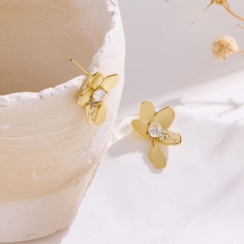 14K Gold Filled Silver Stud Plumeria Flower Earrings for Women, Hawaiian Jewelry Cubic Zirconia Stud Earrings, Hypoallergenic Gold Flower Earrings for Wedding, Vacation, Graduation Gift in Saudi Arabia