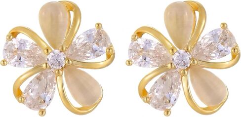 Gold Plated Flower Stud Earrings for Women, Cat Eye & Cubic Zirconia Hypoallergenic Stud Earrings, Dainty Floral Earrings for Daily Wear, Wedding, Party, Valentine’s Day Gift in Kuwait