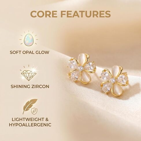 Gold Plated Flower Stud Earrings for Women, Cat Eye & Cubic Zirconia Hypoallergenic Stud Earrings, Dainty Floral Earrings for Daily Wear, Wedding, Party, Valentine’s Day Gift in Kuwait