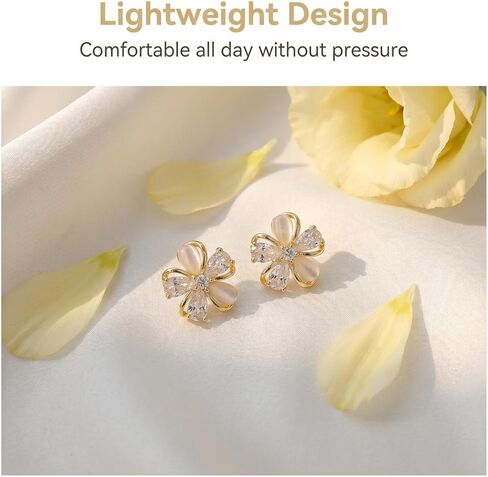 Gold Plated Flower Stud Earrings for Women, Cat Eye & Cubic Zirconia Hypoallergenic Stud Earrings, Dainty Floral Earrings for Daily Wear, Wedding, Party, Valentine’s Day Gift in Kuwait