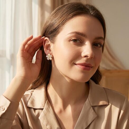 Gold Plated Flower Stud Earrings for Women, Cat Eye & Cubic Zirconia Hypoallergenic Stud Earrings, Dainty Floral Earrings for Daily Wear, Wedding, Party, Valentine’s Day Gift in Kuwait