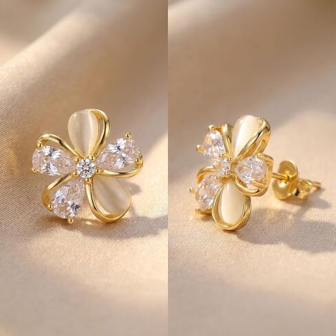 Gold Plated Flower Stud Earrings for Women, Cat Eye & Cubic Zirconia Hypoallergenic Stud Earrings, Dainty Floral Earrings for Daily Wear, Wedding, Party, Valentine’s Day Gift in Kuwait