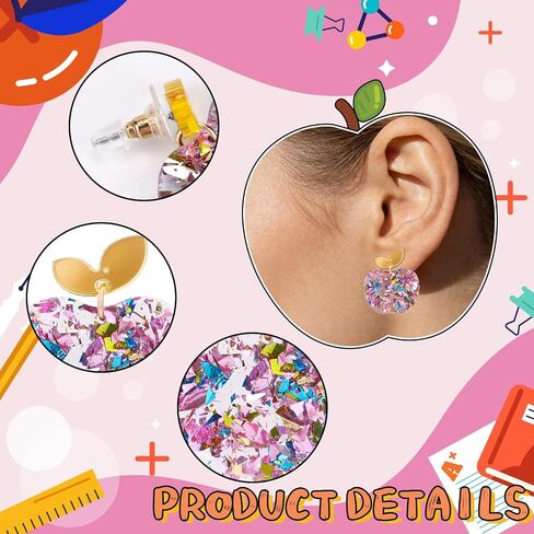 Teachers Day Earrings for Women, Cute Pink Apple Glitter Acrylic Stud Earrings, Teacher Appreciation Birthday Holiday Graduation Retirement Gifts for Women Teachers Colleagues in Saudi Arabia