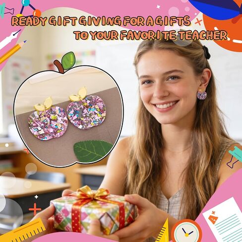 Teachers Day Earrings for Women, Cute Pink Apple Glitter Acrylic Stud Earrings, Teacher Appreciation Birthday Holiday Graduation Retirement Gifts for Women Teachers Colleagues in Saudi Arabia