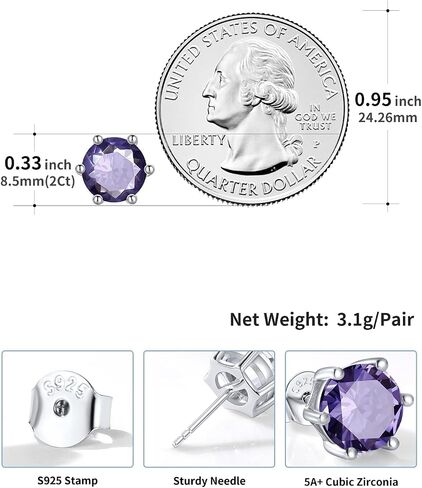 SILVERCUTE 925 Sterling Silver 2ct Birthstone Stud Earrings,Hypoallergenic Round/Heart/Square Birthstone Earrings for Women Birthday Christmas Jewelry in Saudi Arabia