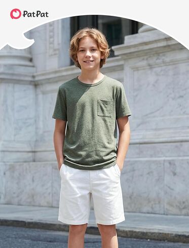 PATPAT Boys Short Sleeve Shirts Crewneck Summer T-Shirt Casual Basic Tops Tees with Chest Pocket for Boy 5-16 Years in Kuwait