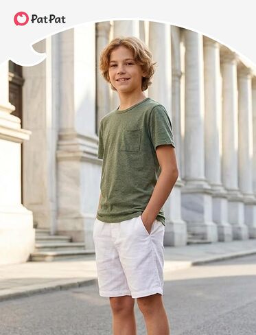 PATPAT Boys Short Sleeve Shirts Crewneck Summer T-Shirt Casual Basic Tops Tees with Chest Pocket for Boy 5-16 Years in Kuwait