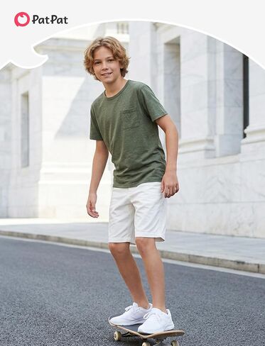 PATPAT Boys Short Sleeve Shirts Crewneck Summer T-Shirt Casual Basic Tops Tees with Chest Pocket for Boy 5-16 Years in Kuwait