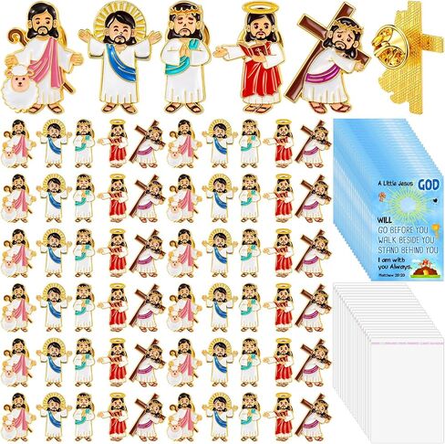 50 Set Religious Christian Mini Jesus Figures Lapel Pins Bulk Easter Christian Enamel Jesus Brooch Pin with Bible Verse Cards Bags Metal Tie Pins for Stuffers Easter Baptism Party Church Gifts in Kuwait